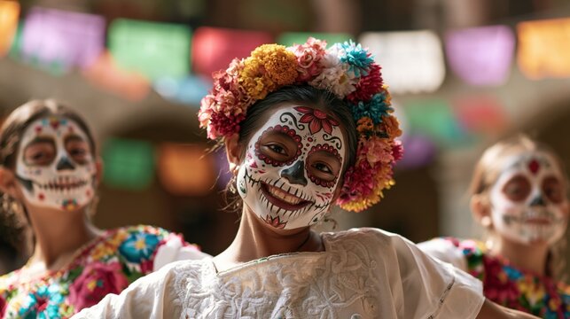 Joyful Children Celebrating Dia de los Muertos in Sugar Skull Makeup