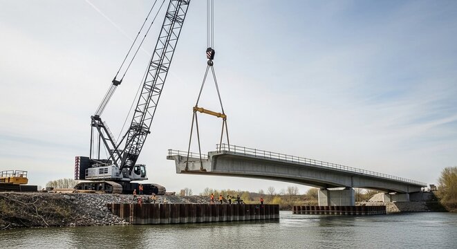 Massive crawler crane carefully lifts bridge segment into place during major construction project over water