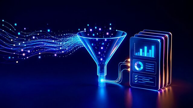 3D glowing data funnel filtering digital blocks into an organized analytics dashboard with charts
