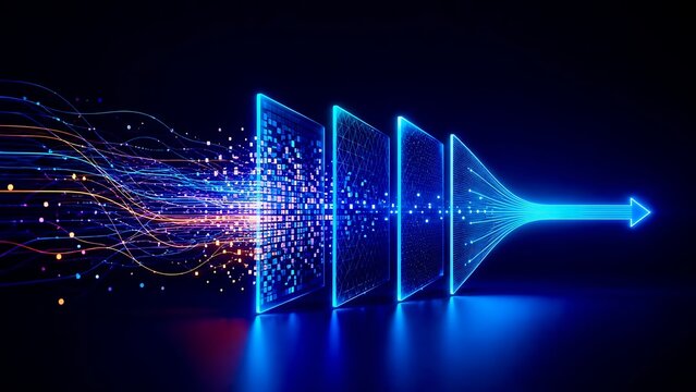 3D visualization of data streams passing through digital filter panels to form a focused forward arrow