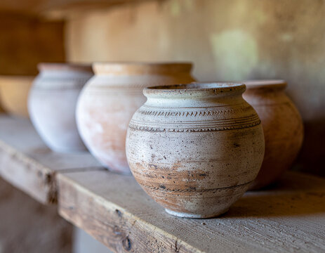 traditional antique handcrafted earthen clay pots with etched patterns arranged on a rustic weathered wooden plank shelf