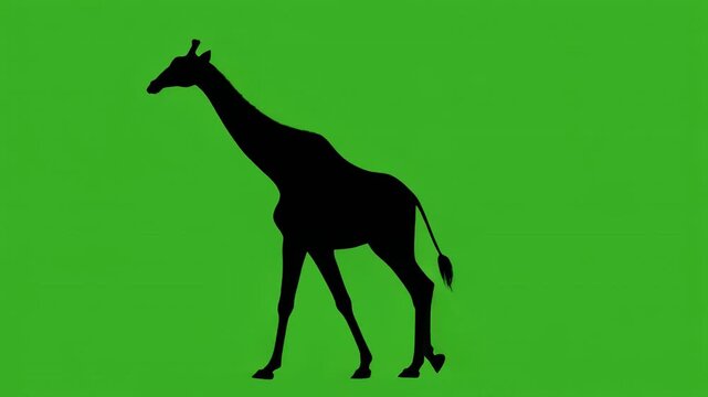 Giraffe silhouette walking in motion against a vibrant green background with black stripes