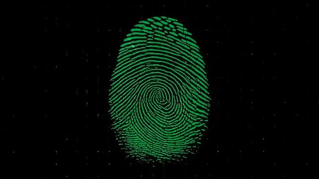 Fingerprint glowing green with sequential identification concept against dark background