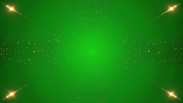 Golden abstract particles bloom and fade across a deep green gradient background with subtle bokeh