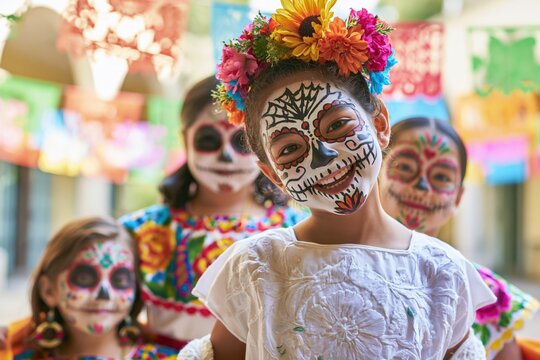 Joyful Children Celebrating Dia de los Muertos in Sugar Skull Makeup