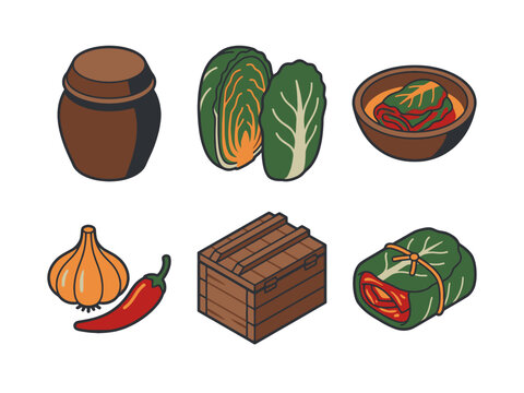 Isometric Korean traditional kimchi and ingredients vector set