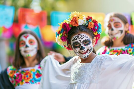Joyful Children Celebrating Dia de los Muertos in Sugar Skull Makeup