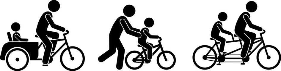 Naklejka premium Set of family bicycling and parenting icons showing parents riding with children on bikes vector design