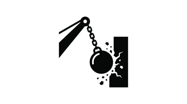 Demolition wrecking ball impacting wall black silhouette