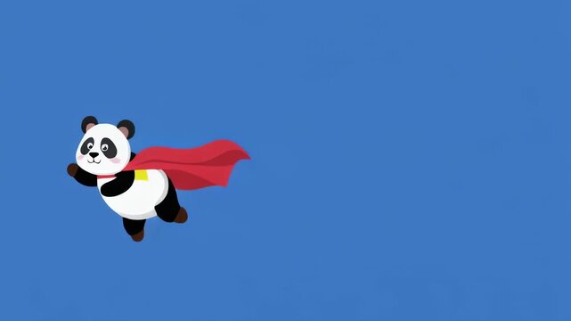 Adorable panda bear character in red cape flying gracefully against a vibrant blue background with black horizontal stripes