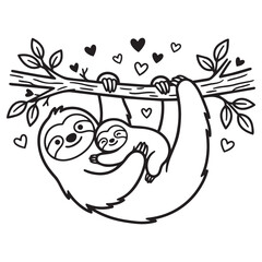Naklejka premium Cute Mother and Baby Sloth Hanging on Tree Branch Line Art Vector Illustration for Mother's Day Coloring Page and Crafts.