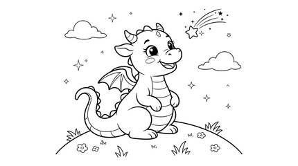 Naklejka premium A cute little baby dragon sitting on a hill under the stars for a fun and creative educational coloring page design