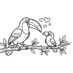 Naklejka premium Cute Mother And Baby Toucan Coloring Page Line Art Vector Illustration Family Love Tropical Birds Perched On Tree Branch.
