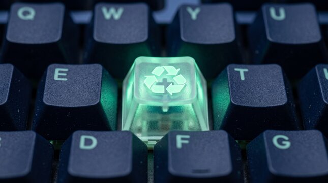 Recycling symbol on glowing green keyboard key, sustainable technology and eco-friendly computing concept, green energy and environmental conservation in digital world