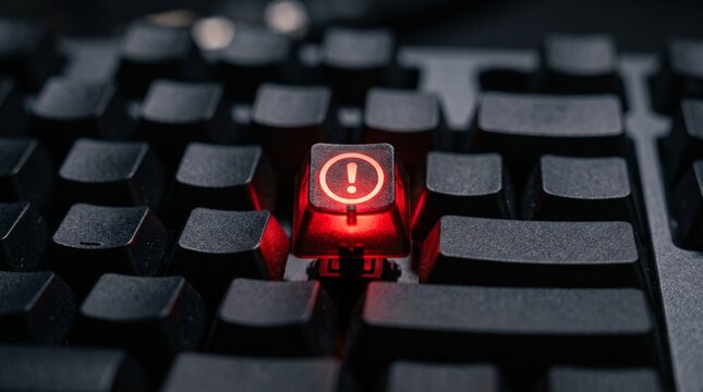 Glowing red exclamation mark key on black computer keyboard, warning alert button for cybersecurity and system error, digital emergency and risk management concept