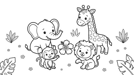 Naklejka premium A delightful black and white coloring page featuring a cute baby elephant giraffe lion and monkey playing together in a sunny jungle