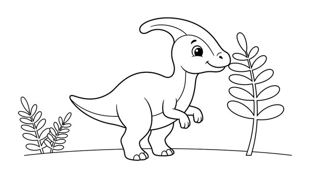 A cute baby parasaurolophus dinosaur eating leaves in a prehistoric forest setting for a fun and creative printable kids coloring page activity