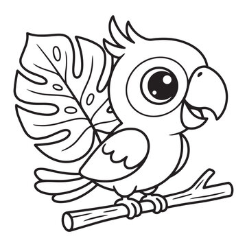 Leaf Tropical Parrot Line Drawing Vector Outline Cute Exotic Bird Coloring Page For Pre K Learning Activity Printable Worksheet.