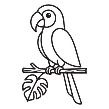 Cute Cartoon Parrot Line Art Vector Illustration For Preschool Educational Worksheets Tropical Jungle Bird Outline Coloring Sheet Activity Page.
