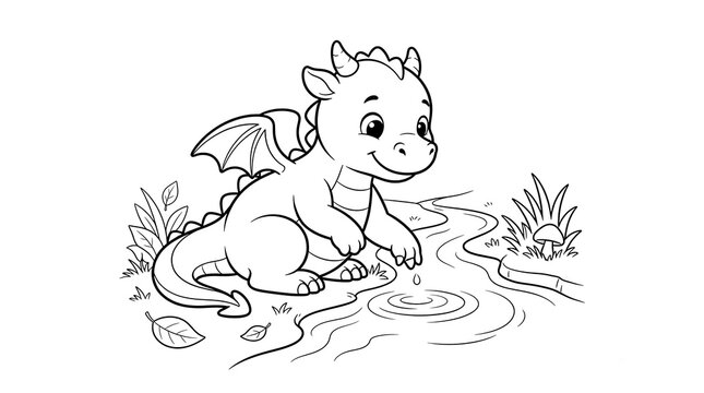 A cute baby dragon sitting on the grass in this detailed black and white line art illustration for a fun coloring page