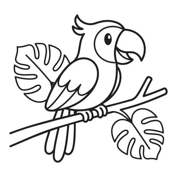 Cute Cute Parrot Coloring Book Page For Kids Black Line Tropical Bird Vector Art Printable Worksheet Activity Jungle Animal Outline.