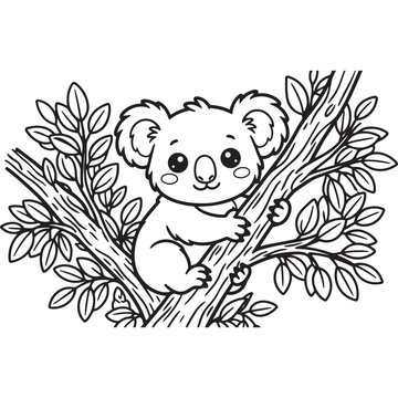 Hand Drawn Baby Koala Bear in Eucalyptus Tree Black and White Outline Vector Illustration Page for Children Activity Book Learning
