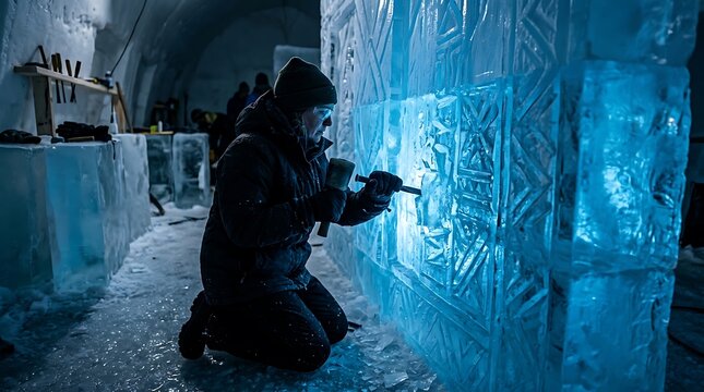 Professional artist carving detailed patterns into a frozen ice wall