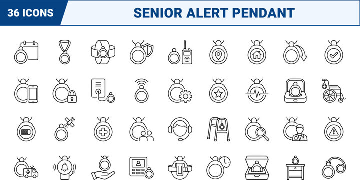 Fall Detector Pendant Emergency Alerting Web Icon Set in Linear Style. Collection of Senior Safety line icons, including fall detection, medical alert, emergency response, health monitoring.