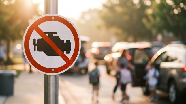 No idling traffic sign outdoors, turn off engine symbol in school zone, environmental regulation road sign for clean air initiative
