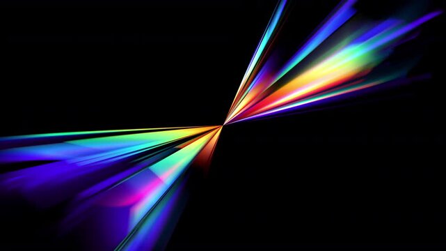 Abstract glass prisms rotate around central point creating vivid rainbow dispersion. Rotating crystalline geometric forms create mesmerizing burst of refracted rainbow light. Seamless loop. 4K video