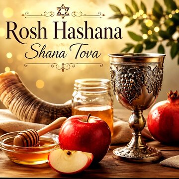 Rosh Hashana Shana Tova Greeting Card with Apple, Honey, Shofar and Pomegranate