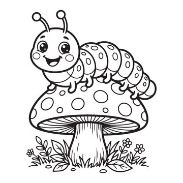 Cute Cartoon Caterpillar Crawling on Mushroom Coloring Page Line Art Vector Illustration Outline Printable Activity Sheet for Kids.