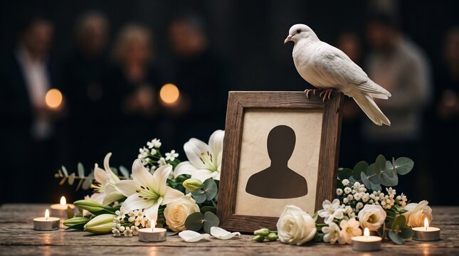 White dove resting on a memorial picture frame with burning candles and flowers during a funeral service