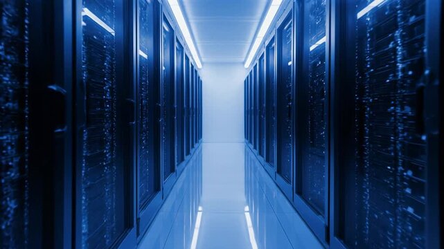 Data center tunnel with blue glowing lights moving forward in cinematic perspective