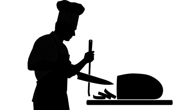 Chef silhouette cutting meat on white background.