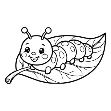 Cute Caterpillar Crawling on a Leaf Coloring Page Line Art Vector Illustration Outline Sketch Printable Activity for Kids Preschool.