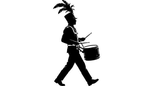 Marching band drummer silhouette white background.