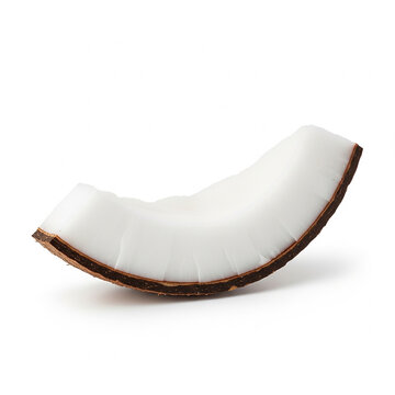 Coconut Slice: A single, fresh segment of a coconut, revealing its white flesh and brown husk, presented isolated for culinary or tropical themes.