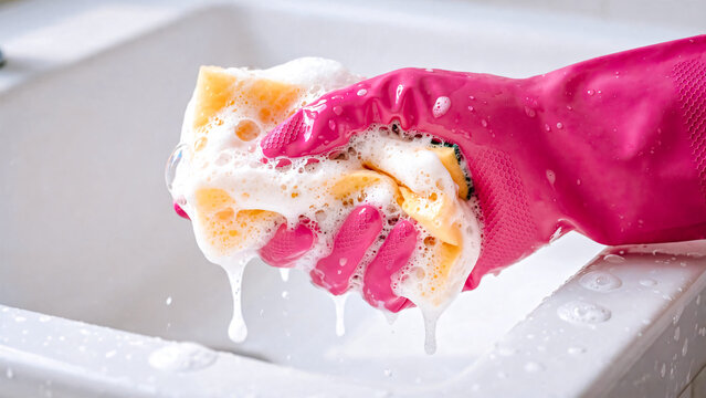 Gros plan sur des mains portant des gants m&eacute;nagers roses et serrant une &eacute;ponge pleine de mousse dans un &eacute;vier