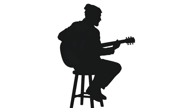 Silhouette of man playing guitar on stool white background.