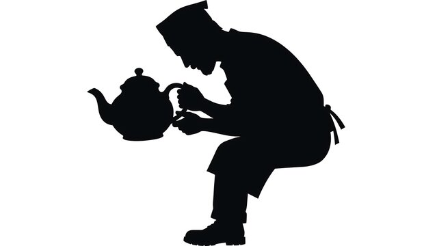 Silhouette of man pouring tea white background.