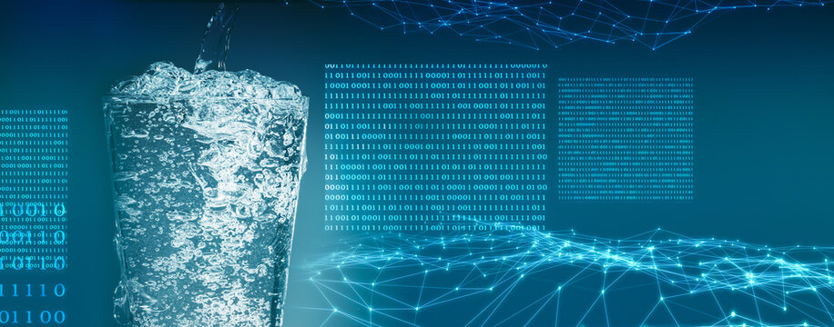 pouring drinking water into a full water glass isolated on cryptogtaphy background, symbolic concept for tokenization and digitalization of water resources