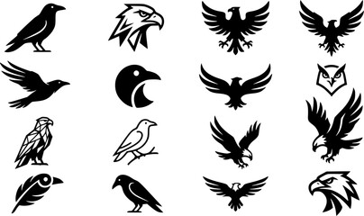 Naklejka premium Dark black raven crow eagle bird logo icon art set 