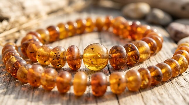Amber bead jewelry on rustic wooden surface in natural light