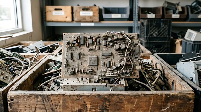 Dusty old motherboard sits in wooden crate for e-waste recycling
