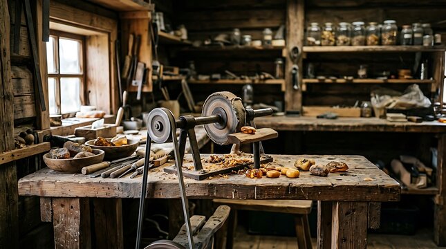 Vintage woodworking workshop with manual grinding tool