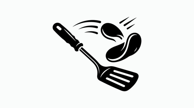 Spatula flipping food in motion line art.