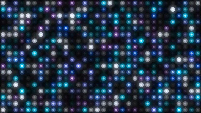 Blue and white abstract LED light wall pattern with glowing circular dots on dark background