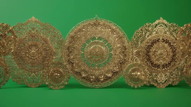 Intricate gold mandala pattern in gentle motion against a vibrant green studio background