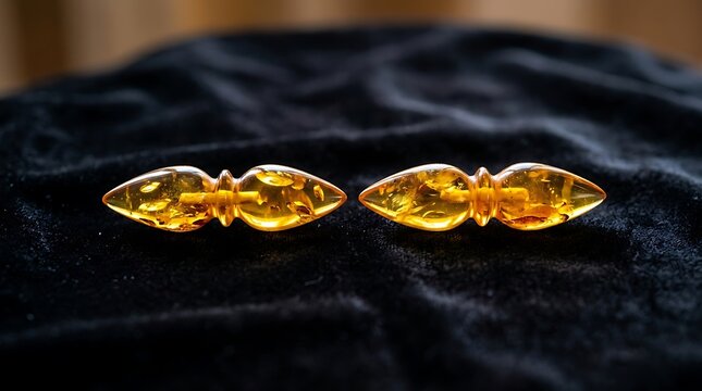 Pair of polished amber cufflinks on black velvet background